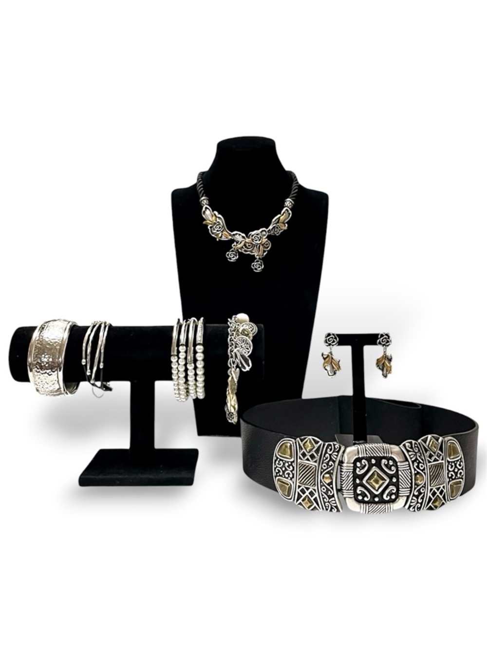 Chicos 8pc Jewelry Bundle Silver Gold Tone Statement Belt Bracelets Necklace Set